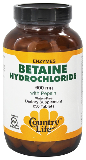 Country Life - Betaine Hydrochloride with Pepsin 600 mg. - 250 Tablets
