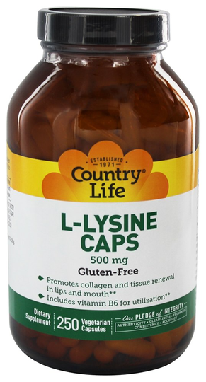 Country Life - L-Lysine Caps Free Form Amino Acid Supplement with B6 500 mg. - 250 Vegetarian Capsules