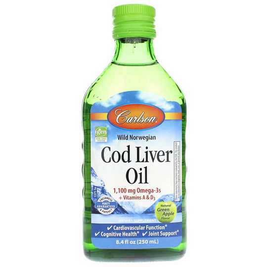 Carlson Labs Cod Liver Oil 1100 Mg Omega-3s Liquid Green Apple, 8.4 Oz