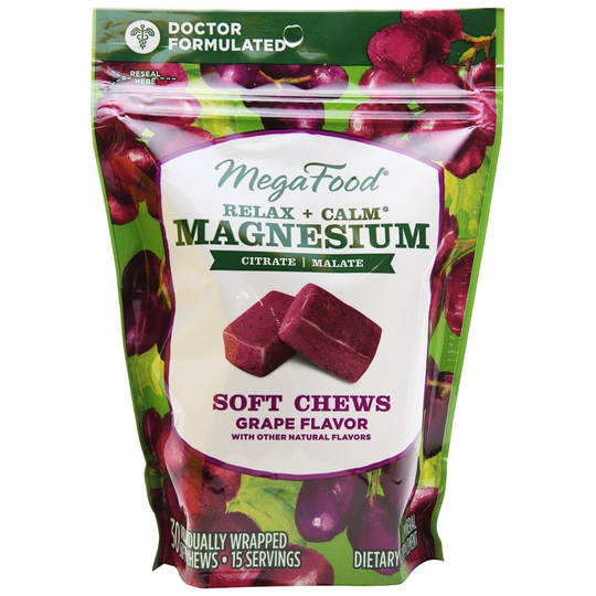 MegaFood - Relax Calm Magnesium Soft Chews Grape Flavor - 30 Soft Chews
