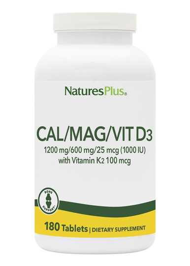 Natures Plus - Cal/Mag/VitD3 with Vitamin K2 1200 mg/600 mg/1000 IU - 180 Tablets