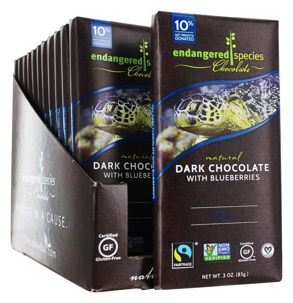 Endangered Species - Dark Chocolate Bars Box 72 Cocoa Blueberries - 12 Bars