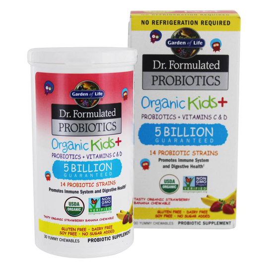 Garden of Life - Dr. Formulated Organic Kids Probiotics with Vitamins C & D Shelf Stable Strawberry Banana 5 Billion CFU - 30 Chewables