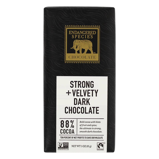 Endangered Species - Dark Chocolate Bar 88 Cocoa Strong & Velvety - 3 oz.