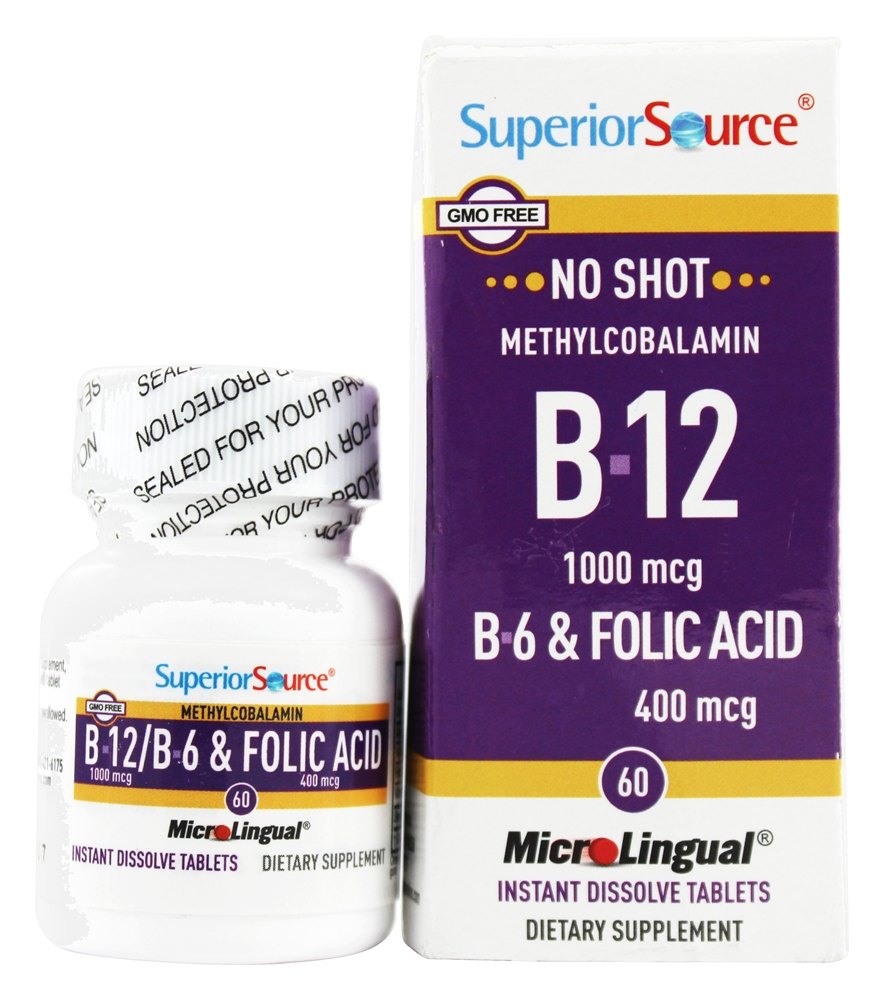 Superior Source - No Shot B12 Methylcobalamin 1000 mcg with B6 & Folic Acid 400 mcg. - 60 Quick Dissolve Tablets