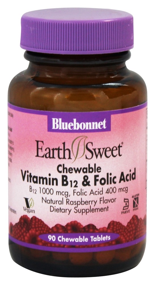 Bluebonnet Nutrition - Earth Sweet Chewable Vitamin B12 & Folic Acid Natural Raspberry Flavor 1000 mcg. - 90 Chewable Tablets