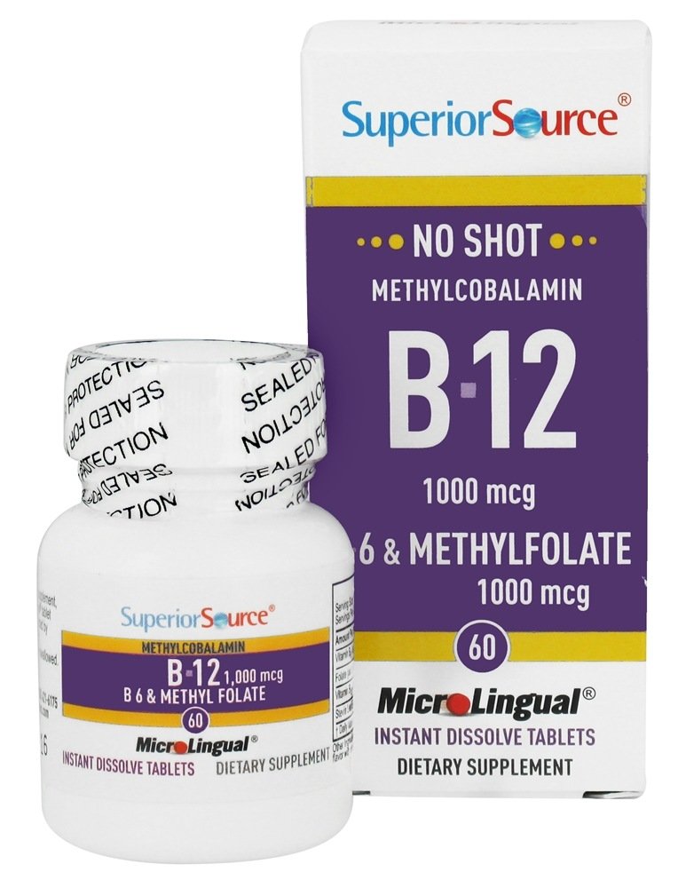 Superior Source - No Shot B12 Methylcobalamin 1000 mcg. B6 & Methylfolate 1000 mcg. - 60 Quick Dissolve Tablets
