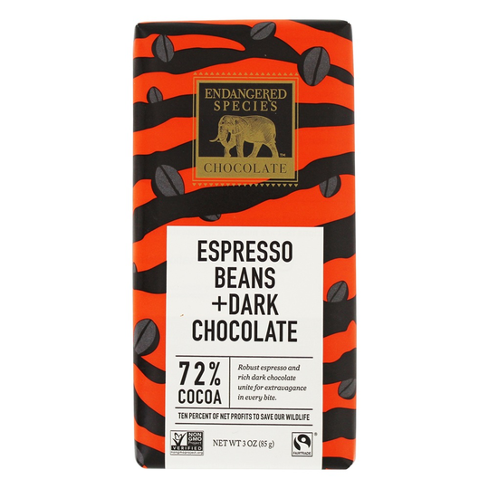 Endangered Species - Dark Chocolate Bar 72 Cocoa Espresso Beans - 3 oz.