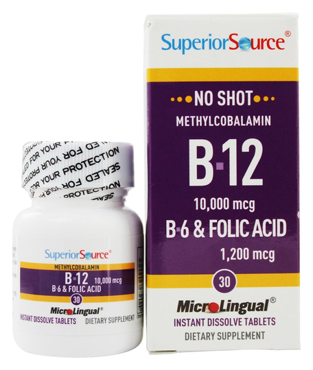 Superior Source - No Shot B12 Methylcobalamin 10000 mcg. with B6 & Folic Acid 1200 mcg. - 30 Quick Dissolve Tablets