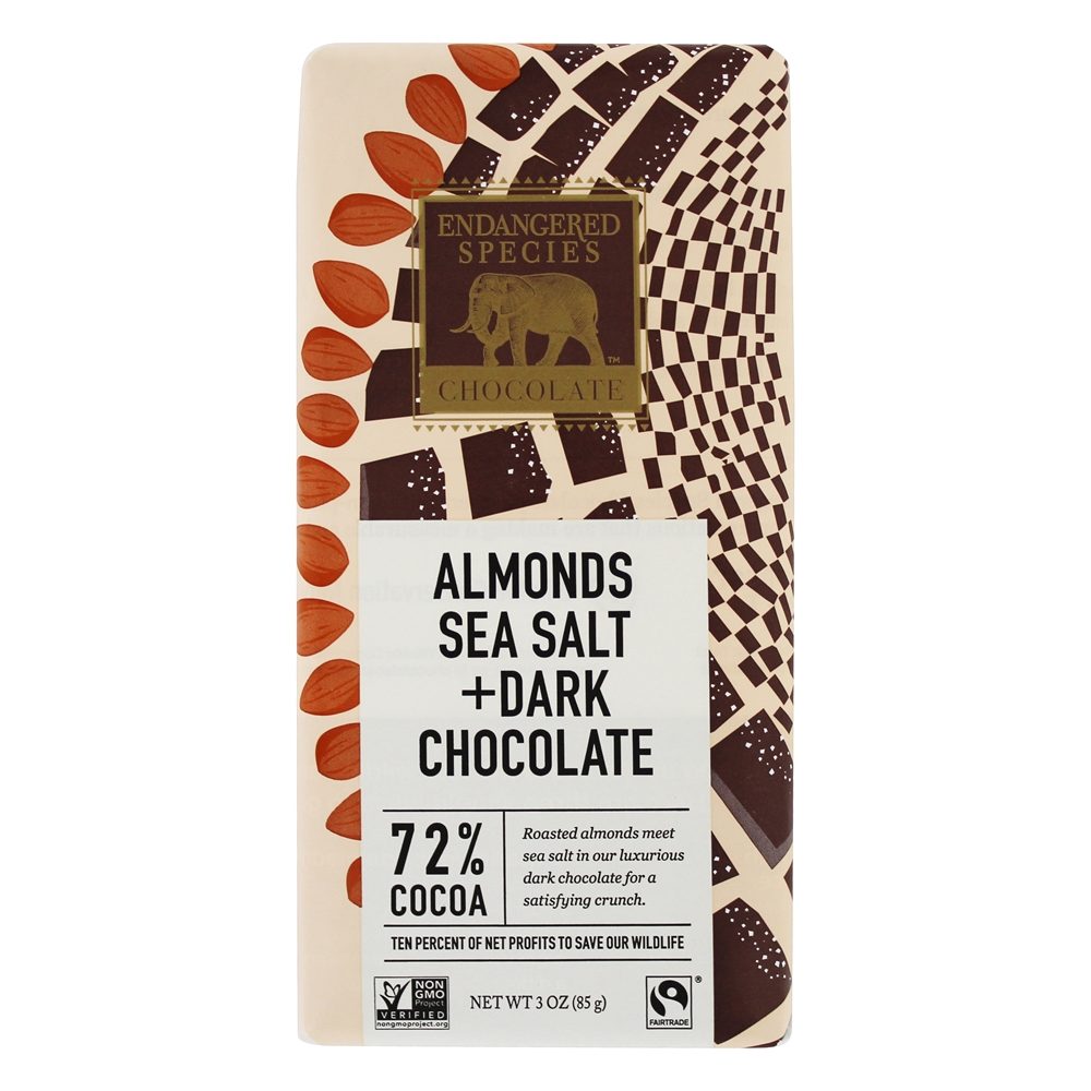 Endangered Species - Dark Chocolate Bar 72 Cocoa Almonds Sea Salt - 3 oz.