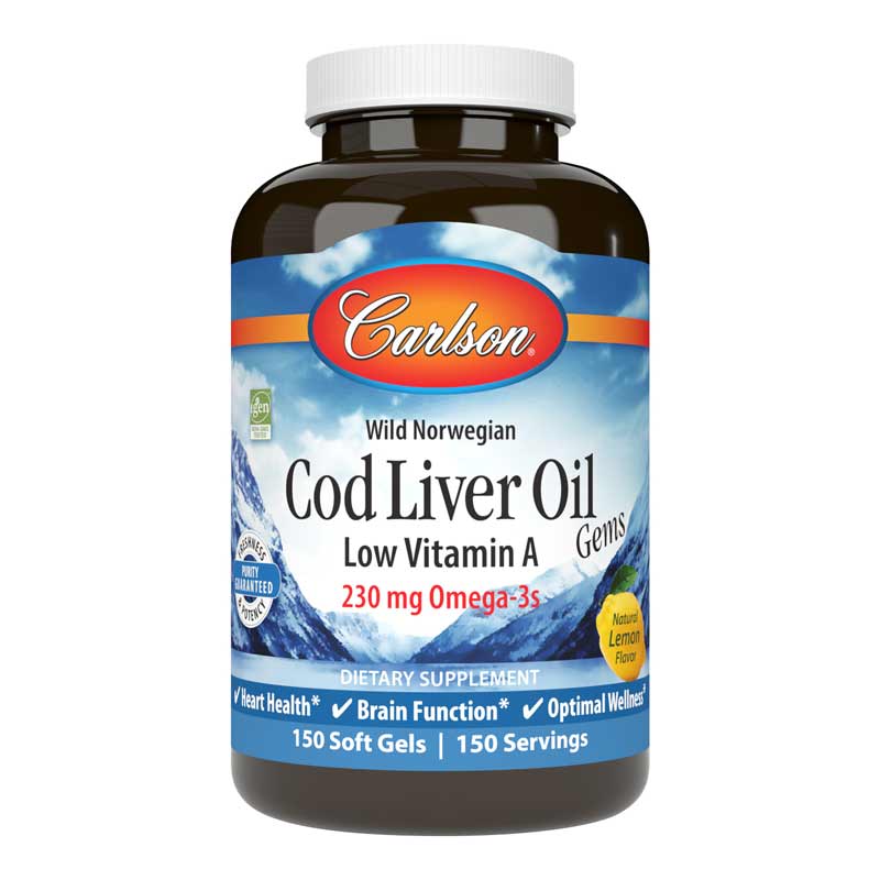 Carlson Labs Cod Liver Oil Omega-3s Low Vitamin A Formula with Natural Lemon Flavor 150 Softgels