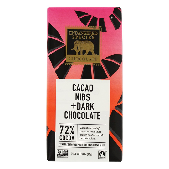 Endangered Species - Dark Chocolate Bar 72 Cocoa Cacao Nibs - 3 oz.