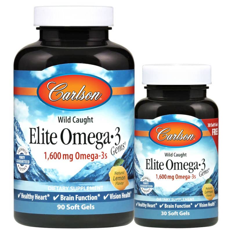 Carlson Labs Elite Omega-3 Gems 1600 Mg with Natural Lemon Flavor Bonus Pack 120 Softgels