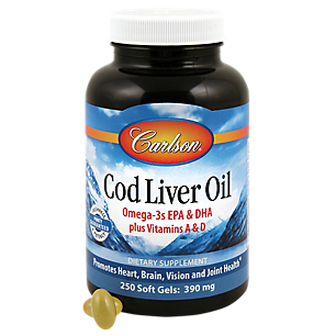 Norwegian Cod Liver Oil - Omega 3's, EPA & DHA Plus Vitamins A & D - 390 MG (250 Softgels)
