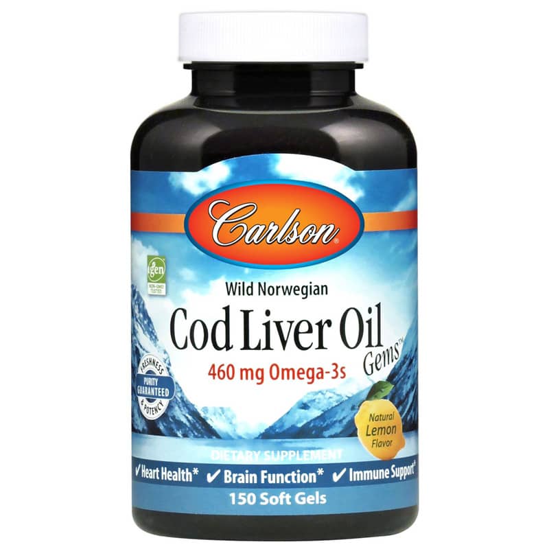 Carlson Labs Cod Liver Oil Gems 460 Mg Omega-3s with Natural Lemon Flavor 150 Softgels