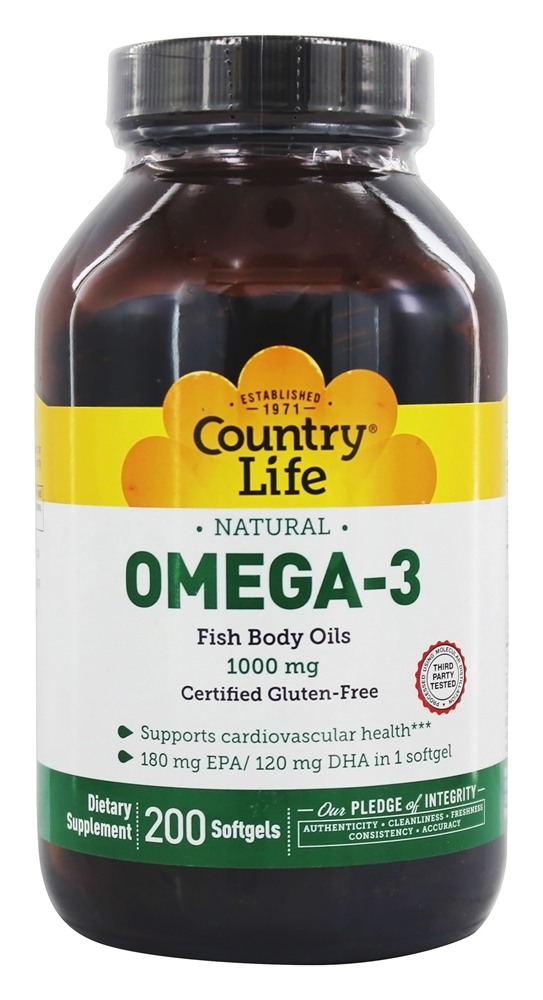 Country Life - Omega-3 Natural Fish Body Oils Providing EPA and DHA 1000 mg. - 200 Softgels