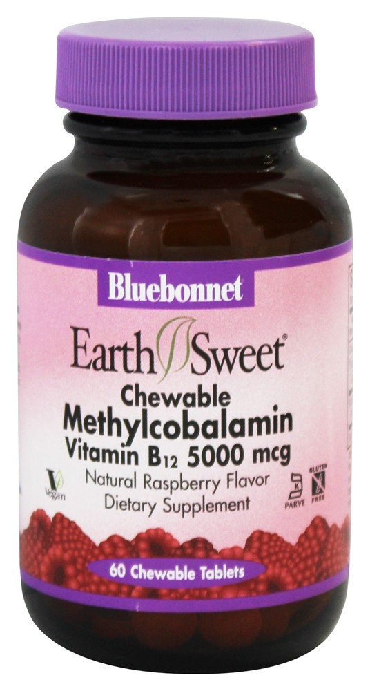 Bluebonnet Nutrition - Earth Sweet Chewable Methylcobalamin Vitamin B12 Natural Raspberry Flavor 5000 mcg. - 60 Chewable Tablets