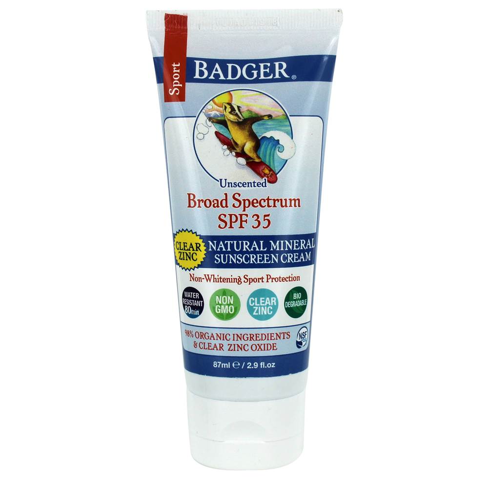 Badger - Sport Clear Zinc Natural Mineral Sunscreen Cream Unscented 35 SPF - 2.9 fl. oz.