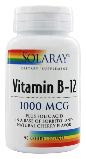 Solaray - Vitamin B12 Plus Folic Acid Natural Cherry Flavor 1000 mcg. - 90 Lozenges