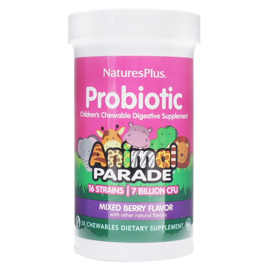 Natures Plus - Animal Parade Probiotic Children's Chewable Digestive Supplement Mixed Berry 7 Billion CFU - 30 Chewable Tablets