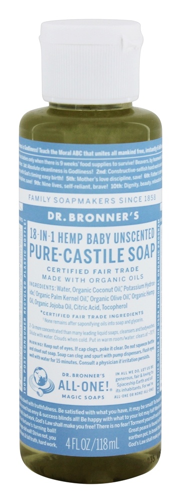 Dr. Bronners - 18-in-1 Hemp Pure Castile Liquid Baby Soap Unscented - 4 fl. oz.