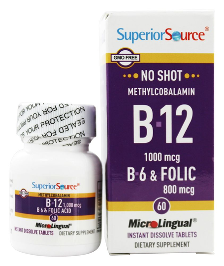 Superior Source - No Shot B12 Methylcobalamin 1000 mcg with B6 & Folic Acid 800 mcg. - 60 Quick Dissolve Tablets