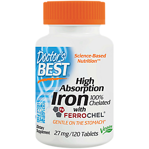 High Absorption Iron - 100% Chelated Gentle on the Stomach - Vegan - 27 MG (120 Tablets)
