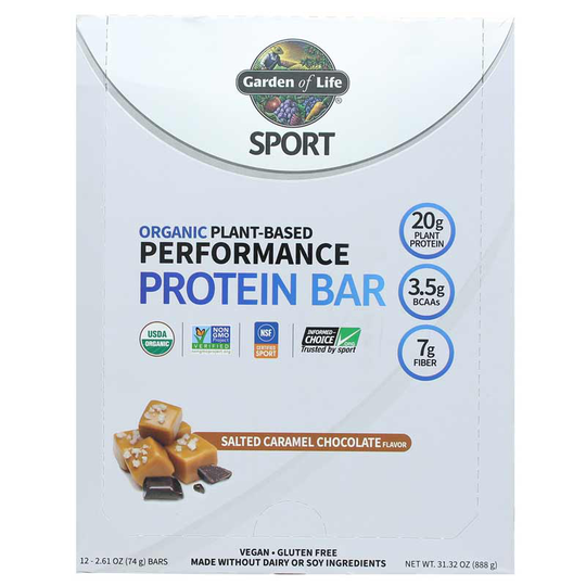 Garden of Life Sport Organic Plant-Based Performance Protein Bar Sea Salt Caramel Chocolate 12 Bars