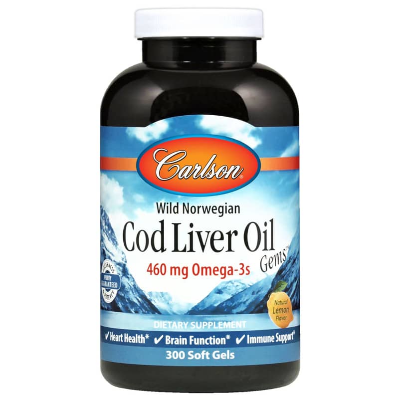 Carlson Labs Cod Liver Oil Gems 460 Mg Omega-3s with Natural Lemon Flavor 300 Softgels