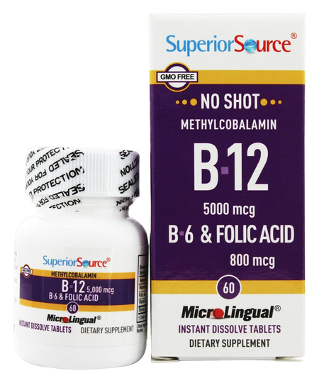 Superior Source - No Shot B12 Methylcobalamin 5000 mcg. with B6 & Folic Acid 800 mcg. - 60 Quick Dissolve Tablets