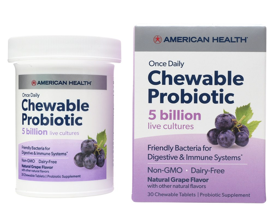 American Health - Once Daily Chewable Probiotic Natural Grape 5 Billion CFU - 30 Chewable Tablets
