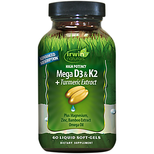 High Potency Mega Vitamin D3 & K2 Complex Plus Turmeric Extract with Advanced Absorption (60 Liquid Softgels)