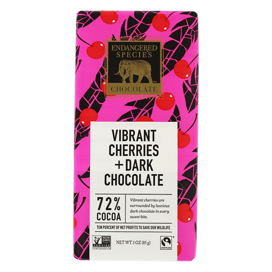 Endangered Species - Dark Chocolate Bar 72 Cocoa Vibrant Cherries - 3 oz.