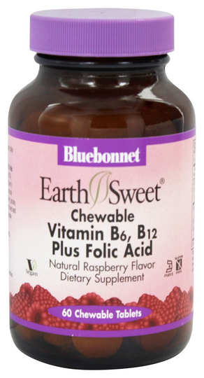 Bluebonnet Nutrition - Earth Sweet Chewable Vitamin B6 B12 Plus Folic Acid Natural Raspberry Flavor - 60 Chewable Tablets