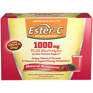 Ester-C Effervescent Plus Electrolytes - Vitamin C for Immune Support - 1,000 MG - Raspberry (21 Single Serving Packets)