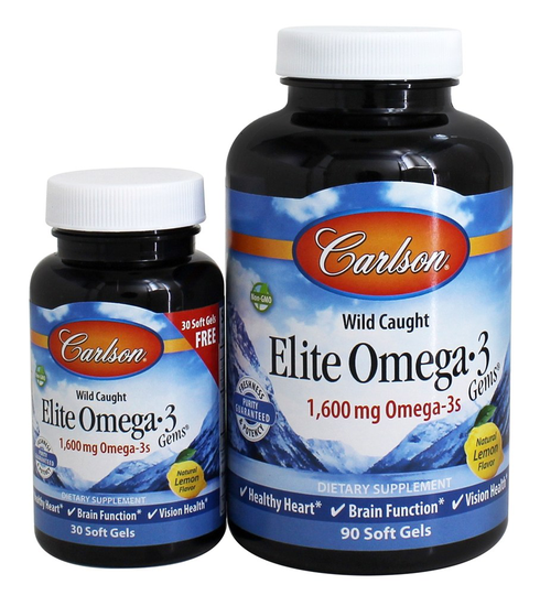 Carlson Labs - Norwegian Elite Omega-3 Fish Oil Gems Lemon Flavored 1600 mg. - 120 Softgels