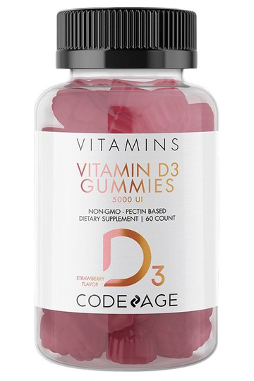 Codeage - Vitamin D3 Gummies Pectin-Based Chewable Vitamin D Supplement for Adult Strawberry Flavor 5000 IU - 60 Gummies