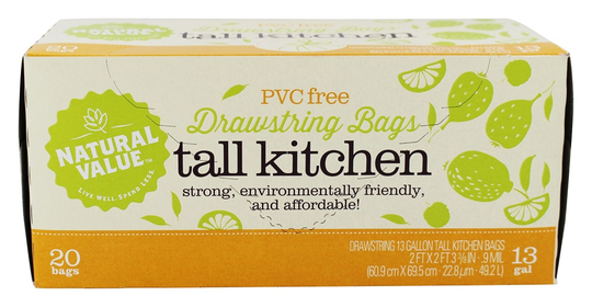 Natural Value - Tall Kitchen 13 Gallon Drawstring Plastic Bags - 20 Bags