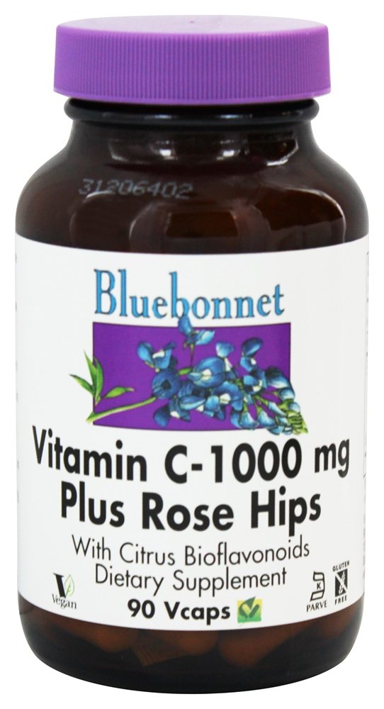 Bluebonnet Nutrition - Vitamin C-1000 mg Plus Rose Hips - 90 Vegetarian Capsules