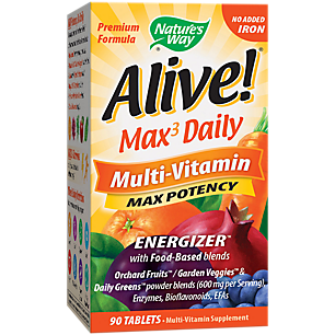 Alive! Max3 Daily Multi-vitamin Max Potency -Energizer with Food Based Blends - Iron Free (90 Tablets)