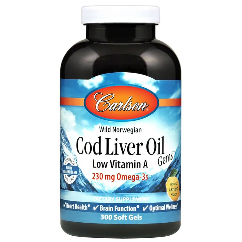 Carlson Labs Cod Liver Oil Omega-3s Low Vitamin A Formula with Natural Lemon Flavor 300 Softgels