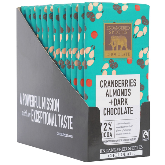 Endangered Species - Dark Chocolate Bars Box 72 Cocoa Cranberries & Almonds - 12 Bars