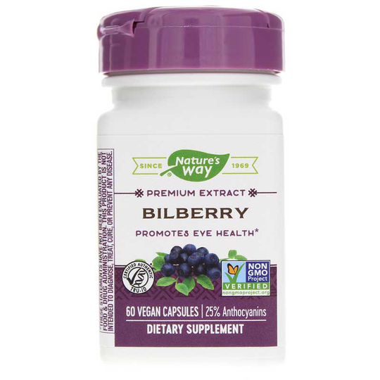 Natures Way Bilberry Premium Extract 25% Anthocyanins 60 Vegan Capsules