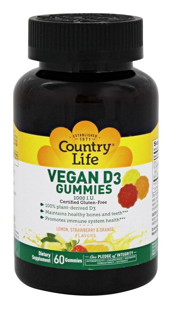 Country Life - Vitamin D3 Vegan Gummies Lemon Strawberry & Orange 1000 IU - 60 Gummies