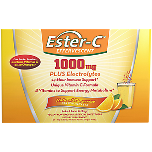 Ester-C Effervescent Plus Electrolytes - Vitamin C for Immune Support - 1,000 MG - Tangerine (21 Single Serving Packets)