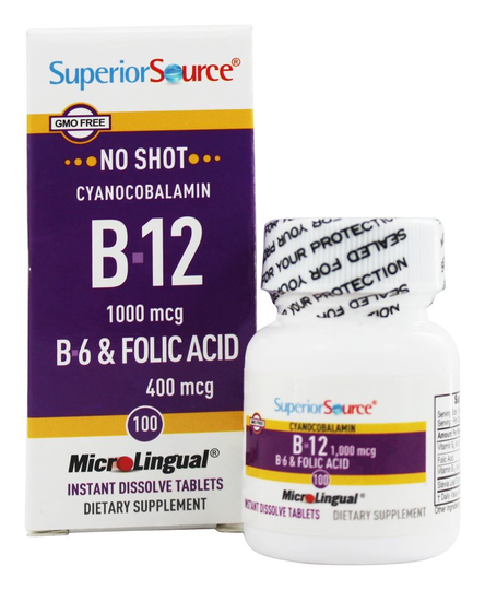 Superior Source - No Shot B12 Cyanocobalamin 1000 mcg. - 100 Quick Dissolve Tablets