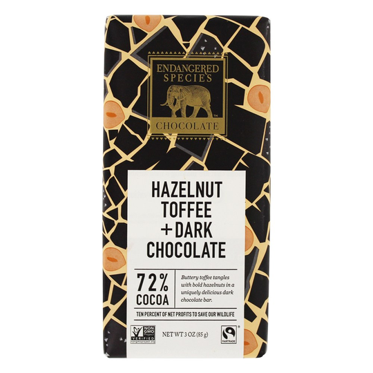 Endangered Species - Dark Chocolate Bar 72 Cocoa Hazelnut Toffee - 3 oz.