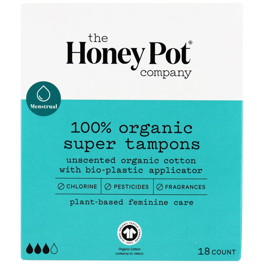 The Honey Pot Company - 100 Organic Super Tampons with Bio-Plastic Applicator Unscented - 18 Count