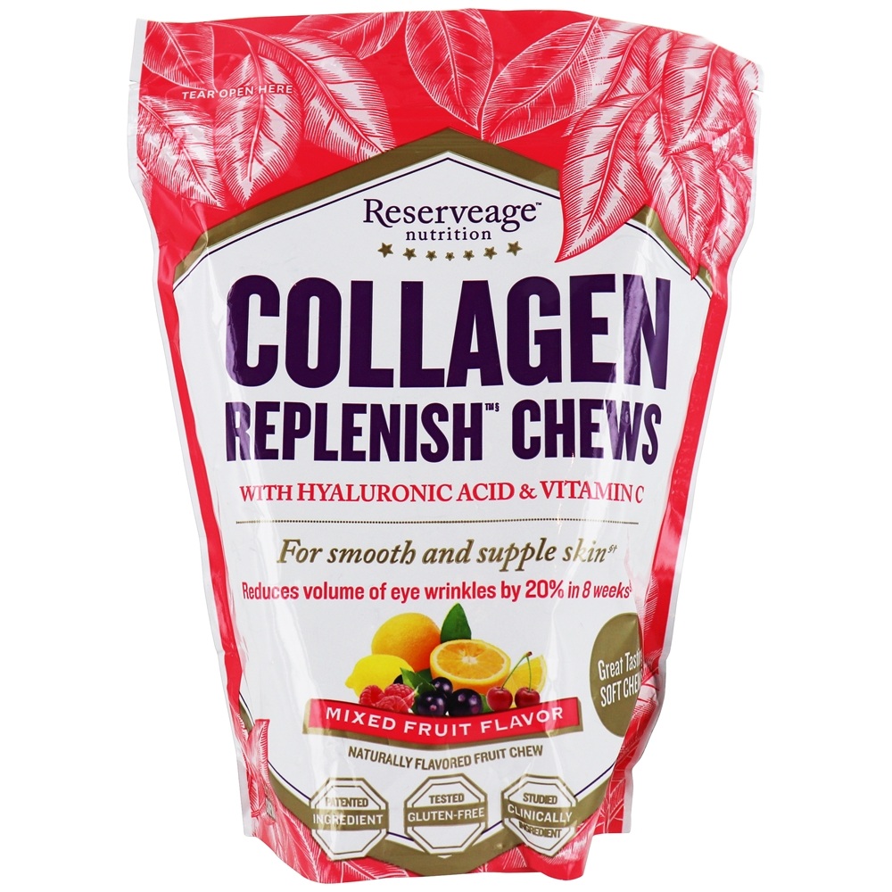 Reserveage Nutrition - Collagen Replenish with Hyaluronic Acid and Vitamin C Chews Mixed Fruit Flavor - 60 Soft Chews