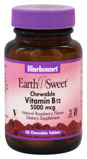 Bluebonnet Nutrition - Earth Sweet Chewable Vitamin B12 Natural Raspberry Flavor 5000 mcg. - 30 Chewable Tablets